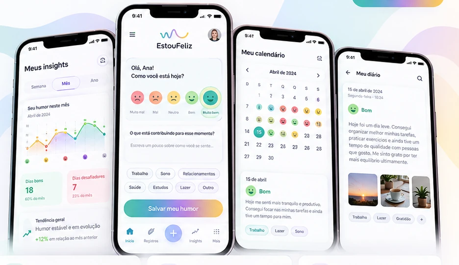 Quatro telas do EstouFeliz em celulares: registro do humor, insights, calendário e diário.