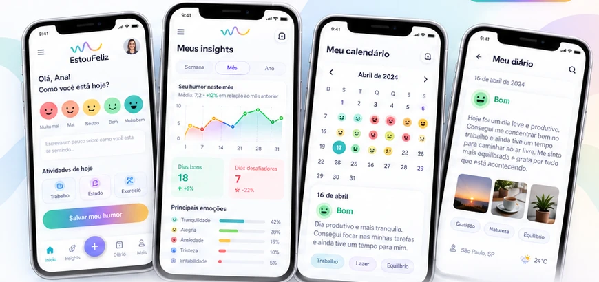 Quatro telas do EstouFeliz em celulares: registro do humor, insights, calendário e diário.